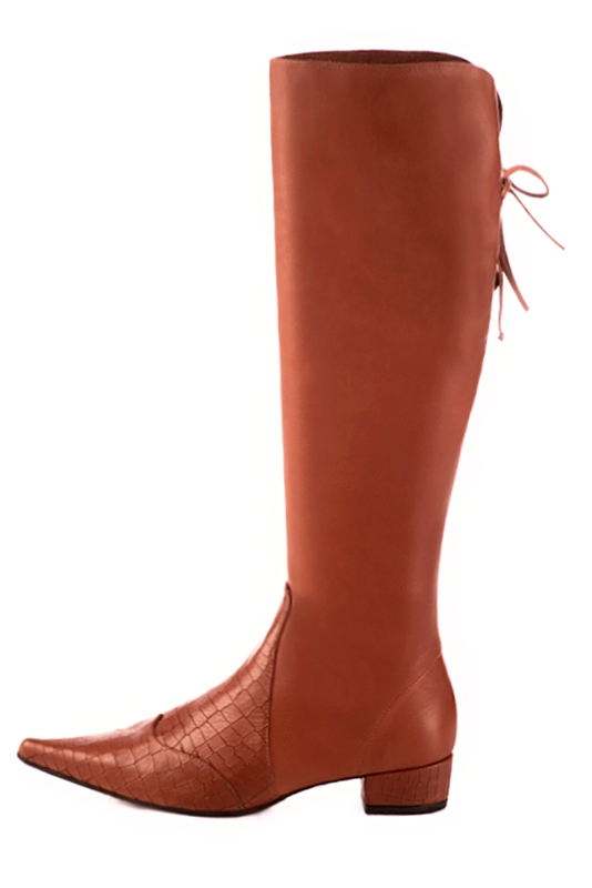 Terracotta orange women's knee-high boots, with laces at the back. Pointed toe. Low block heels. Made to measure. Profile view - Florence KOOIJMAN